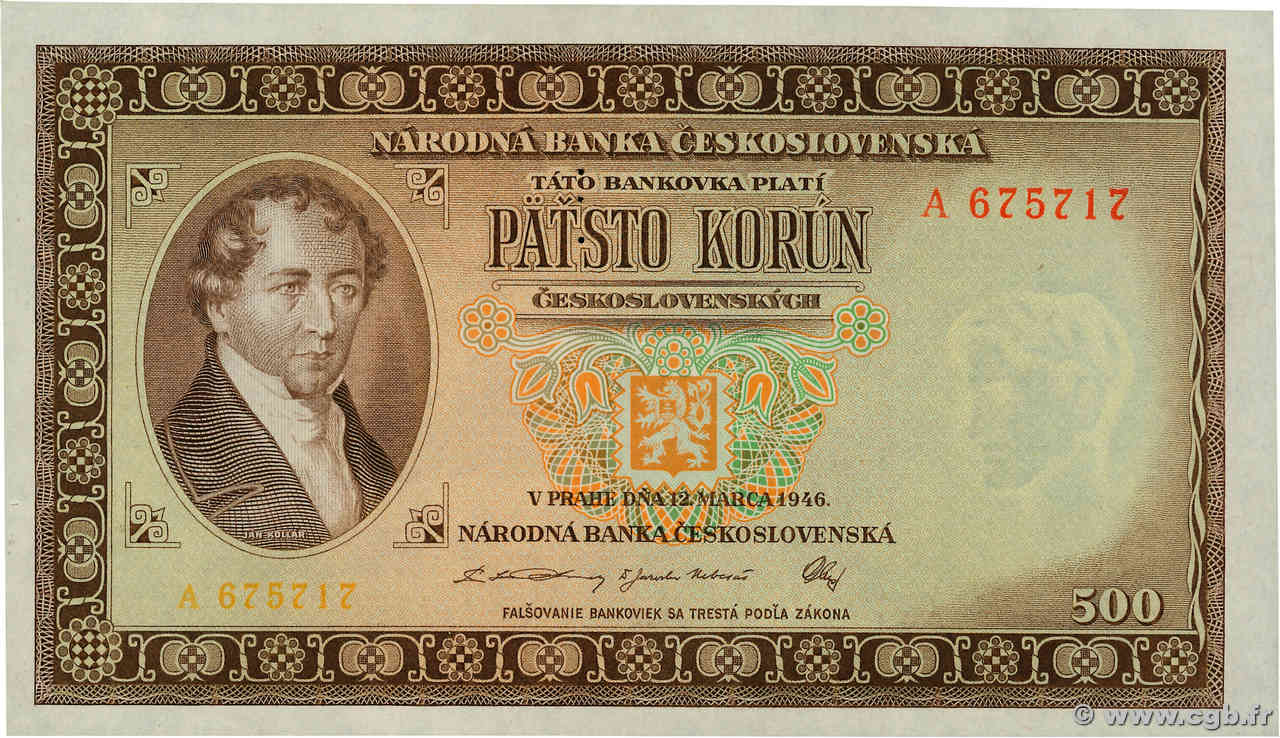500 Korun Spécimen TSCHECHOSLOWAKEI  1946 P.073s ST