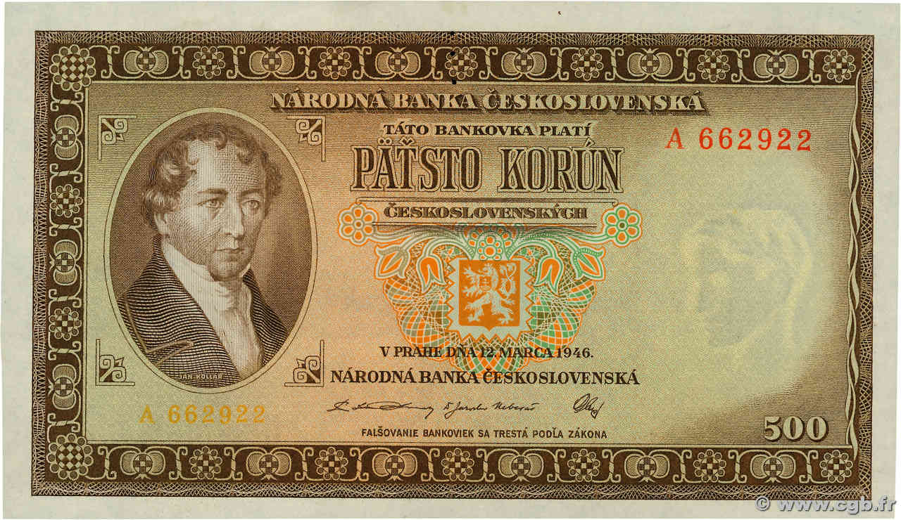 500 Korun Spécimen CECOSLOVACCHIA  1946 P.073s FDC