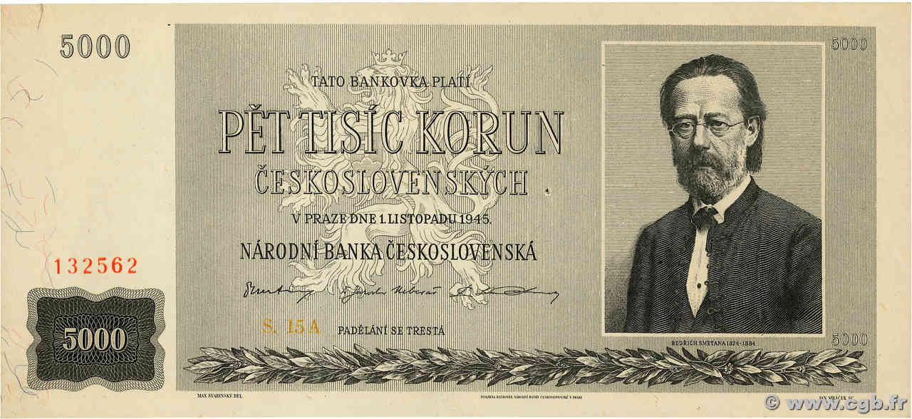 5000 Korun CZECHOSLOVAKIA  1945 P.075 AU