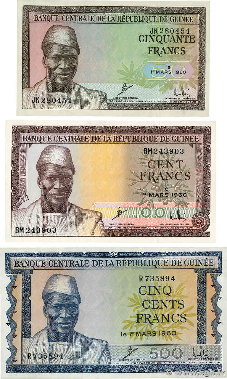 50 à 500 Francs Lot GUINEA 1960 P.12, P.13 et P.14 ST