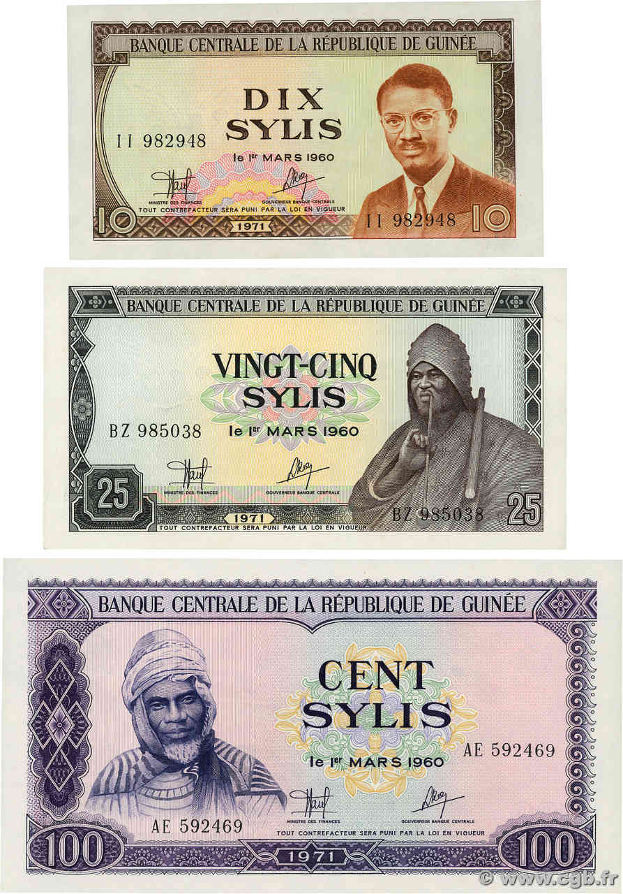 10 à 100 Sylis Lot GUINEA 1971 P.16, P.17 et P.19 ST