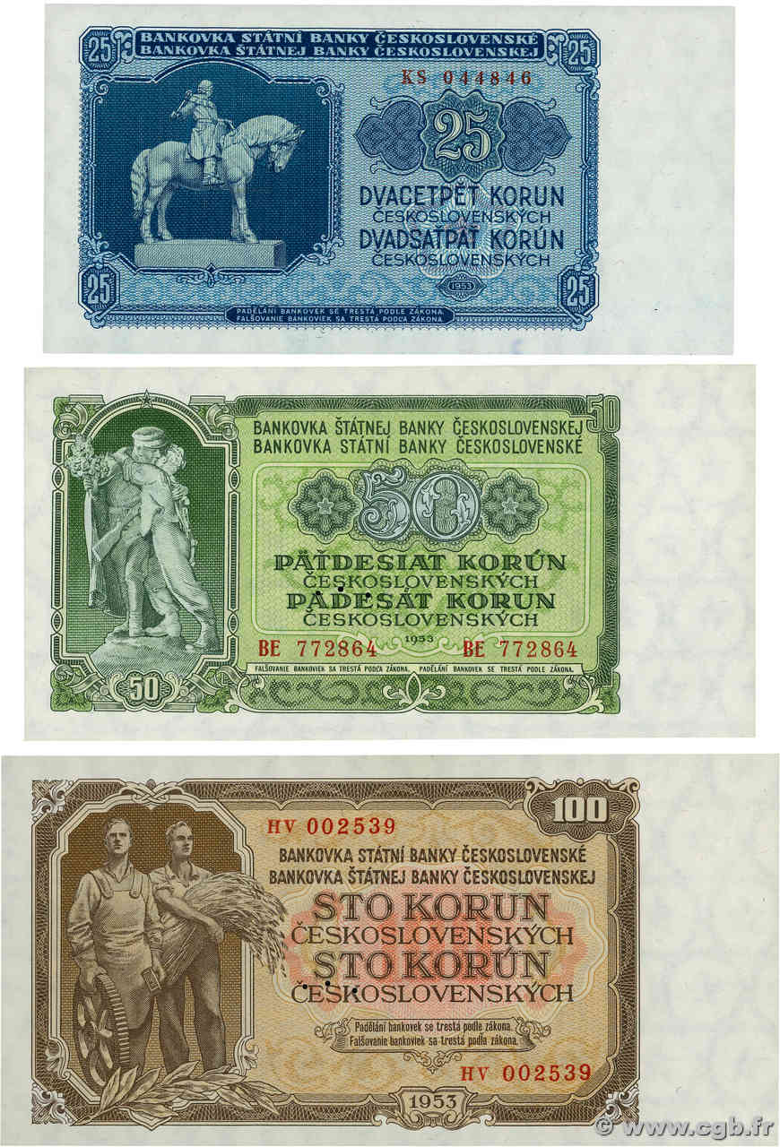 25 à 100 Korun Lot CZECHOSLOVAKIA  1953 P.084, P.085 et P.086 UNC-