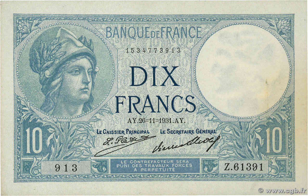 10 Francs MINERVE FRANCE  1931 F.06.15 XF+