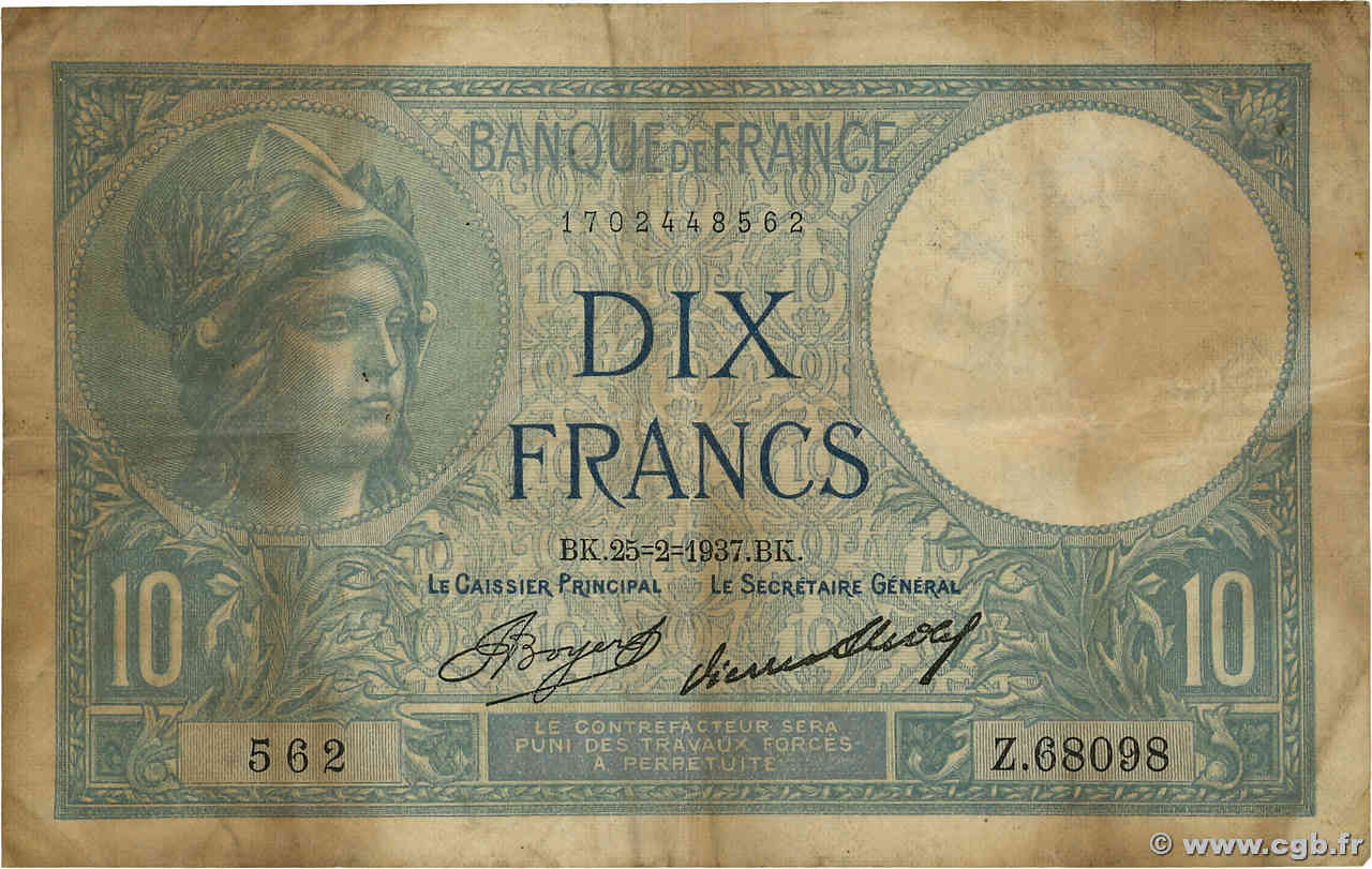 10 Francs MINERVE FRANKREICH  1937 F.06.18 S