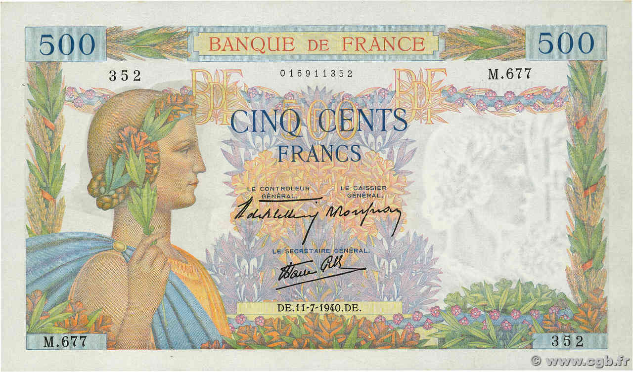 500 Francs LA PAIX FRANCE  1940 F.32.04 SPL