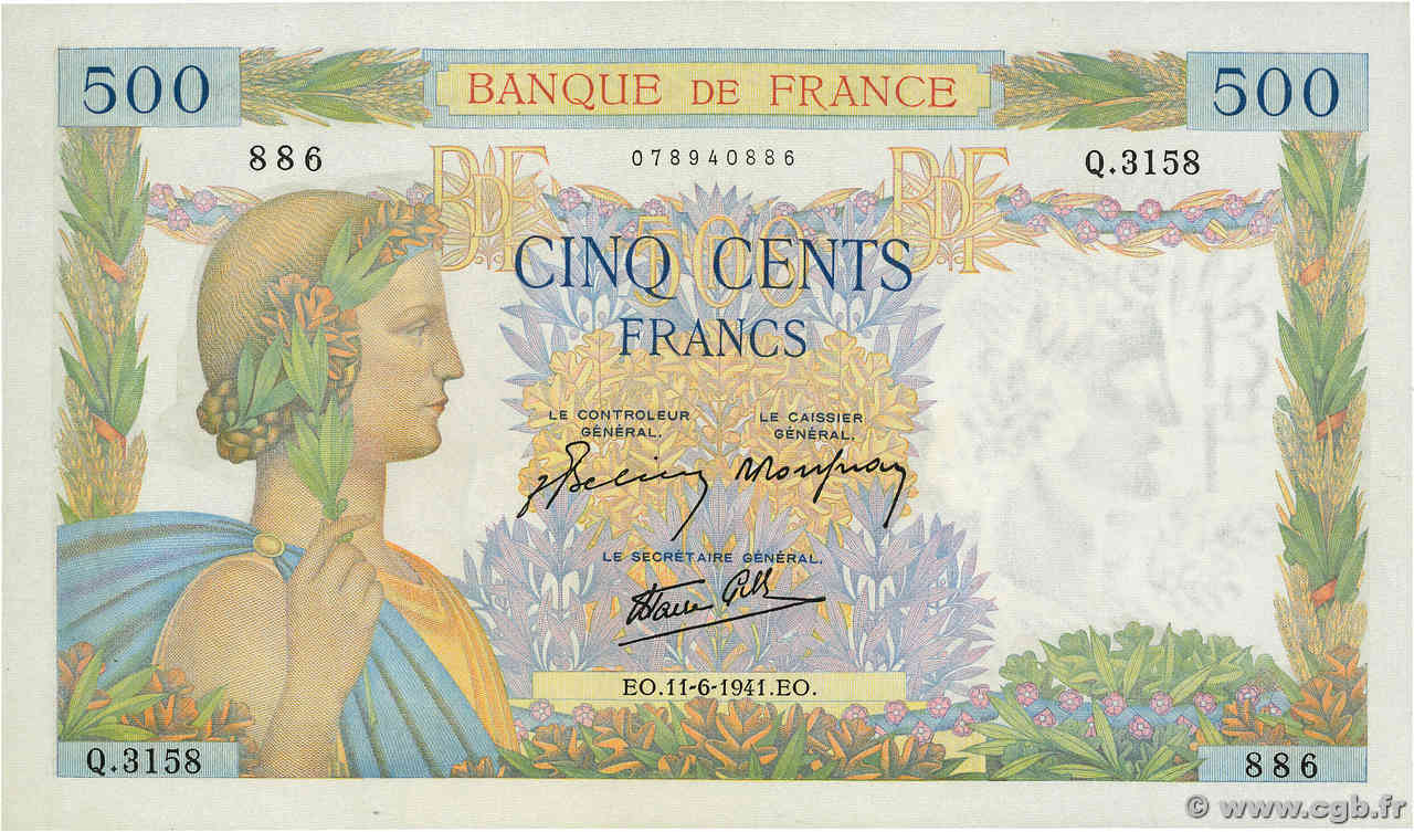 500 Francs LA PAIX FRANCE  1941 F.32.18 AU+