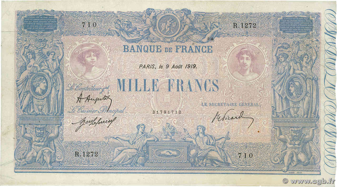 1000 Francs BLEU ET ROSE FRANCE  1919 F.36.34 TB+