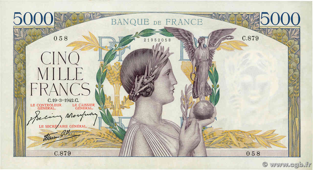 5000 Francs VICTOIRE Impression à plat FRANCE  1942 F.46.35 SPL