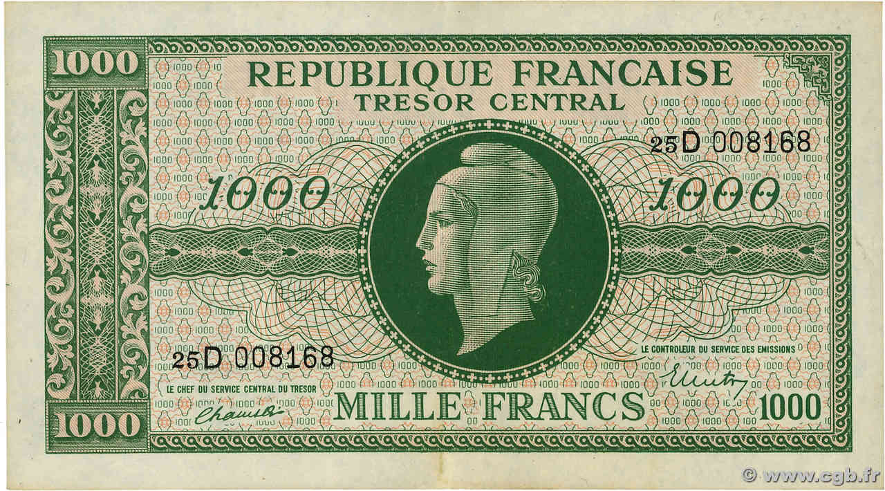 1000 Francs MARIANNE THOMAS DE LA RUE FRANCE  1945 VF.13.01 AU-