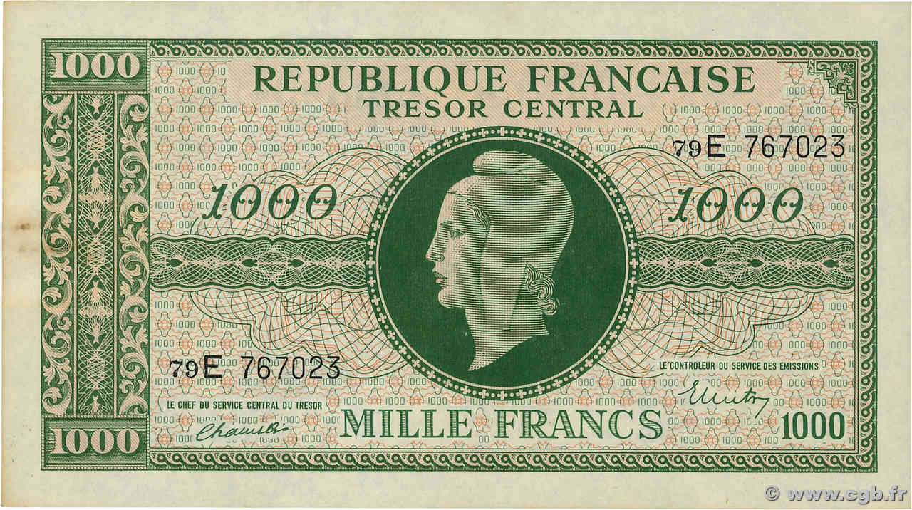 1000 Francs MARIANNE THOMAS DE LA RUE FRANCE  1945 VF.13.02 XF+