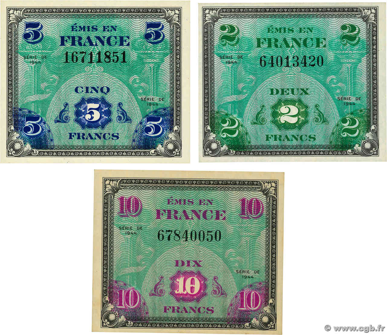 2, 5 et 10 Francs DRAPEAU Lot FRANCIA  1944 VF.16.01 à 18.01 SC+