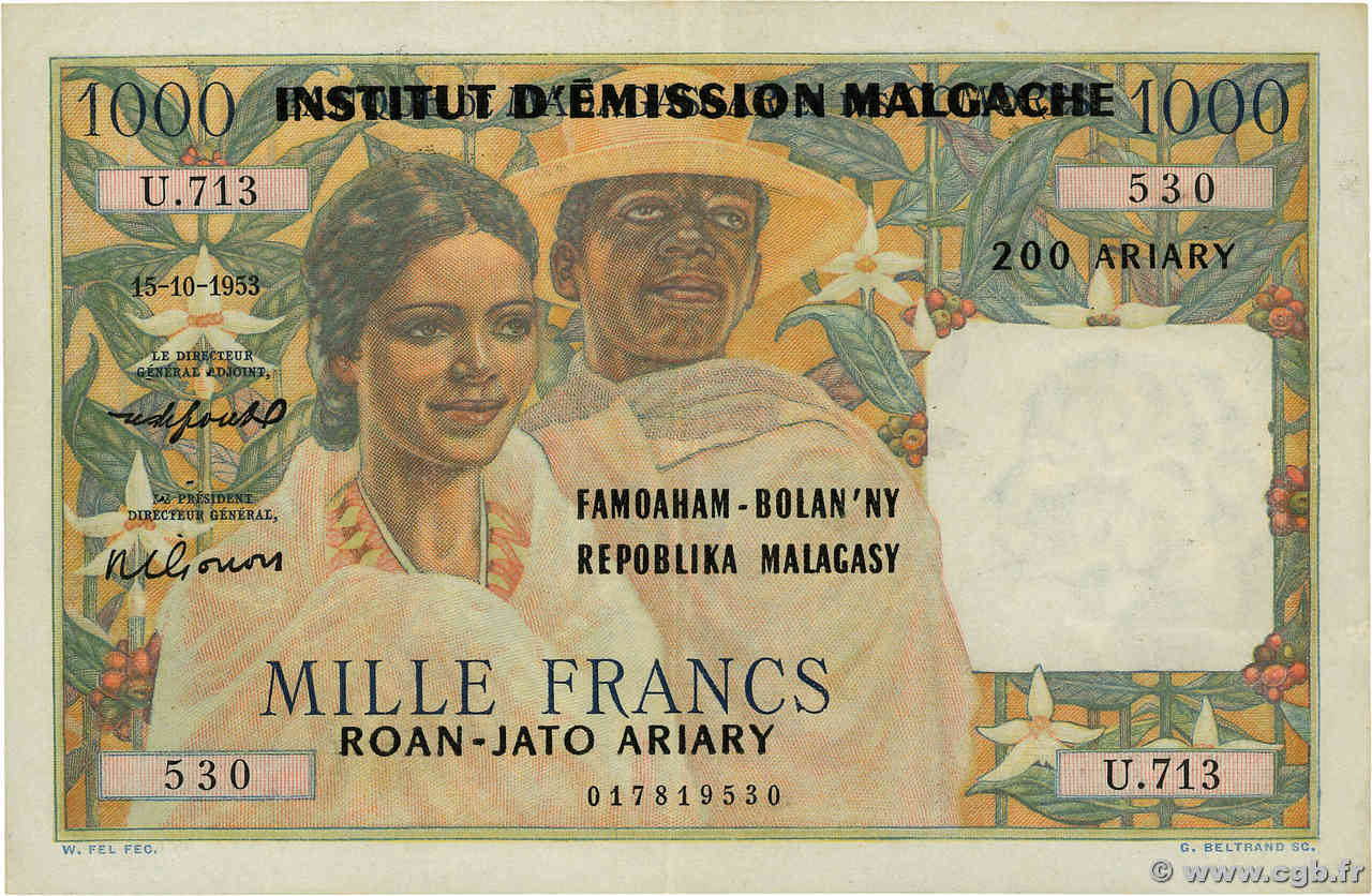 1000 Francs - 200 Ariary MADAGASCAR  1961 P.054 TTB