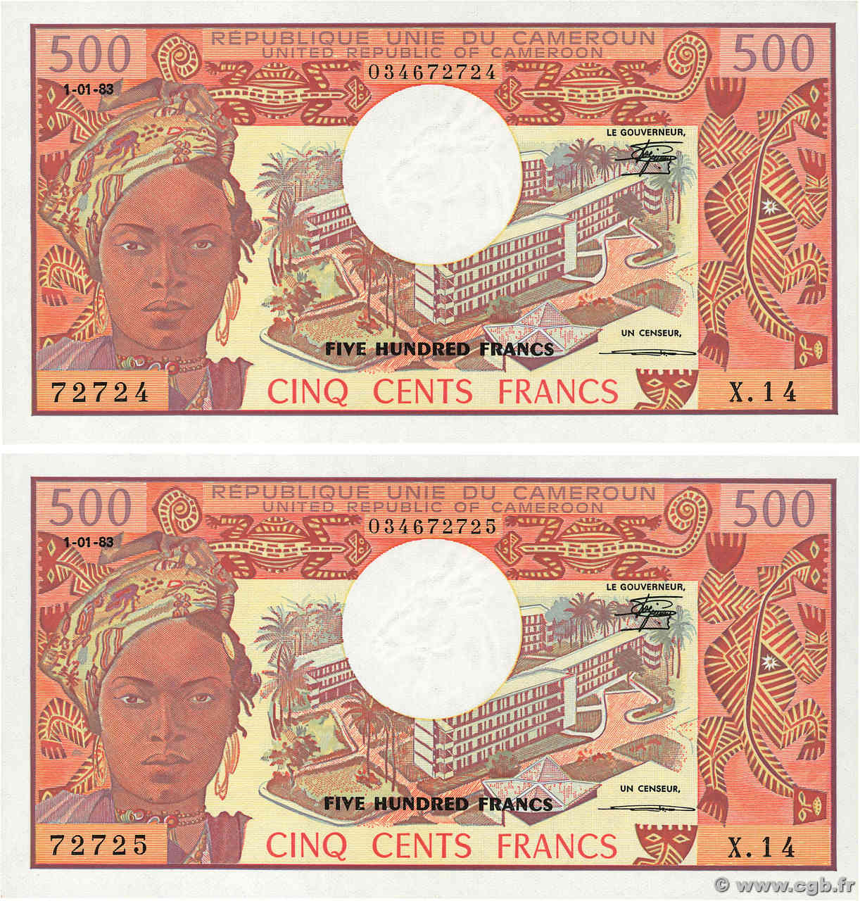 500 Francs Consécutifs KAMERUN  1983 P.15d fST+