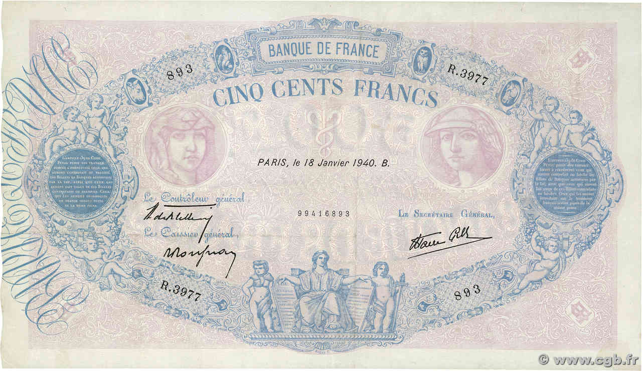500 Francs BLEU ET ROSE modifié FRANCE  1940 F.31.57 TTB