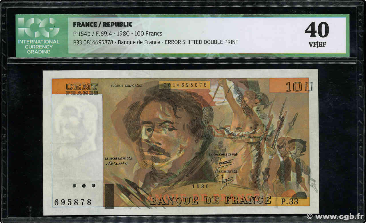 100 Francs DELACROIX modifié Fauté FRANCE  1980 F.69.04a VF+