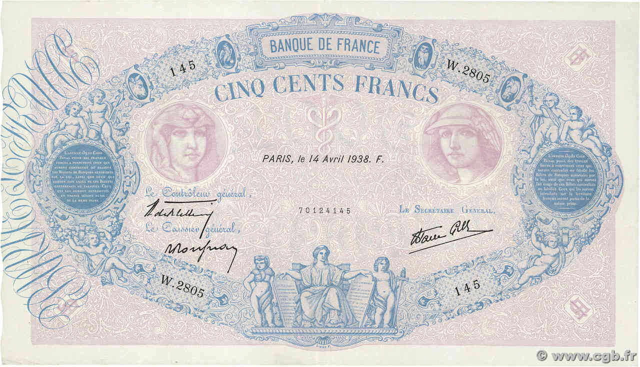 500 Francs BLEU ET ROSE modifié FRANKREICH  1938 F.31.08 fVZ