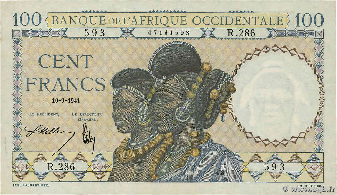 100 Francs FRENCH WEST AFRICA  1941 P.23 VF+