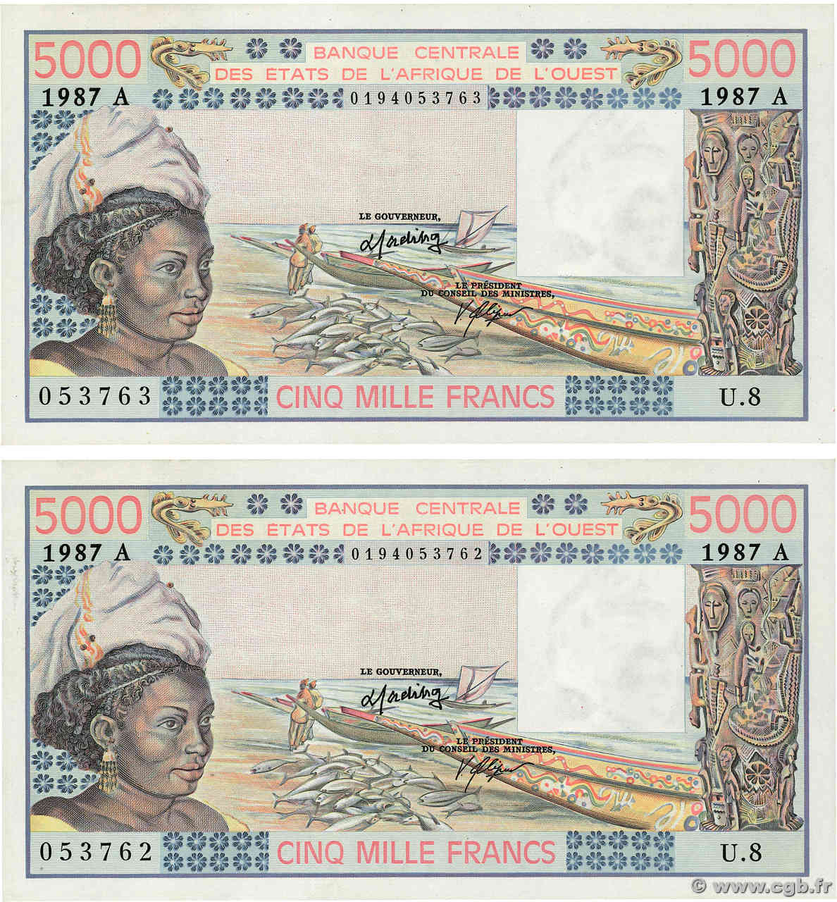 5000 Francs Consécutifs WEST AFRICAN STATES  1987 P.108Ap AU+