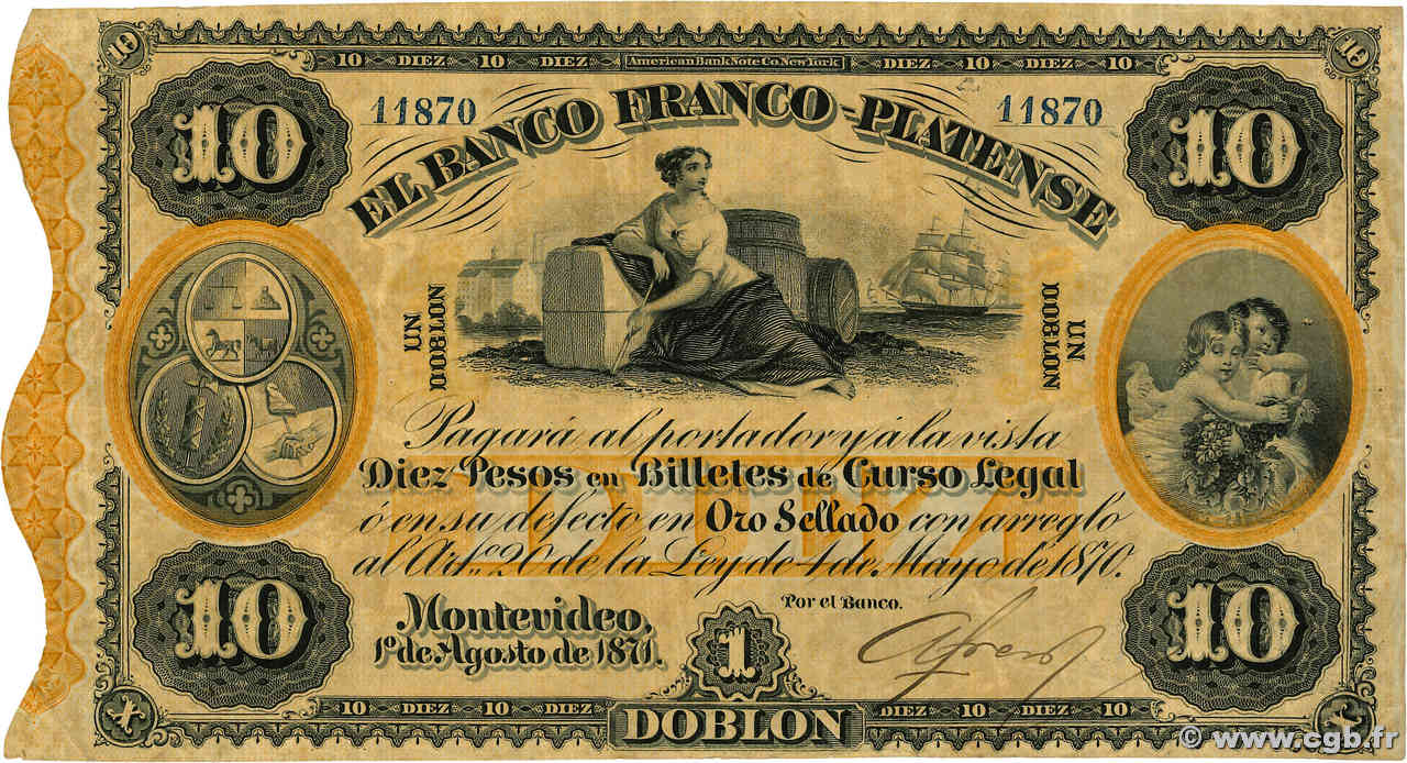 10 Pesos URUGUAY  1871 PS.172a VF+