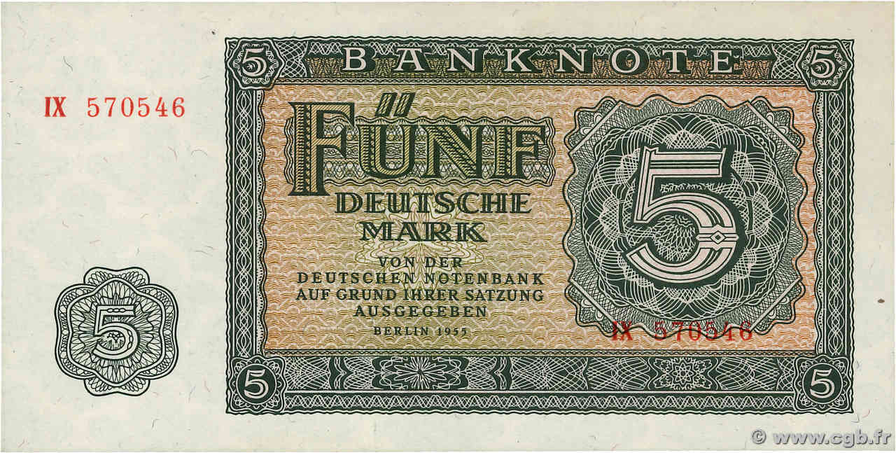 5 Deutsche Mark ALLEMAGNE RÉPUBLIQUE DÉMOCRATIQUE  1955 P.17 NEUF