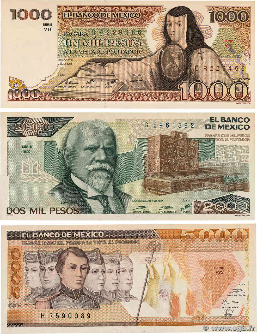 1000, 2000 et 5000 Pesos Lot MEXICO  1984 P.080b, P.086b et P.088c UNC-