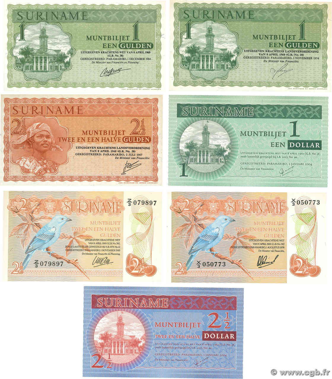 1 et 2,5 Gulden Lot SURINAM  1967 P.116 à P.119 SC+