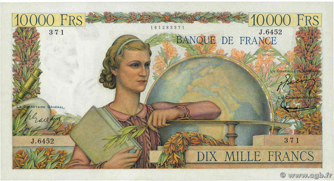 10000 Francs GÉNIE FRANÇAIS FRANKREICH  1954 F.50.69 fST