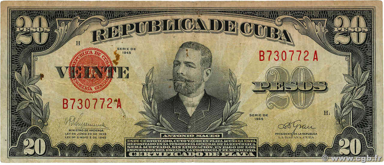 20 Pesos CUBA  1945 P.072f BC