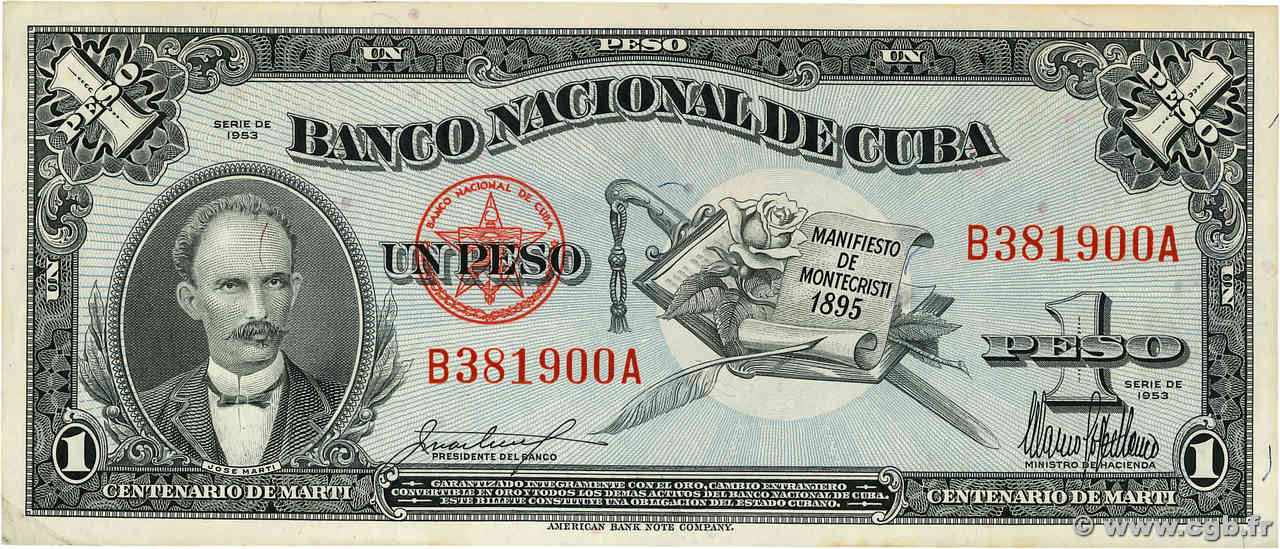 1 Peso Commémoratif CUBA  1953 P.086a XF