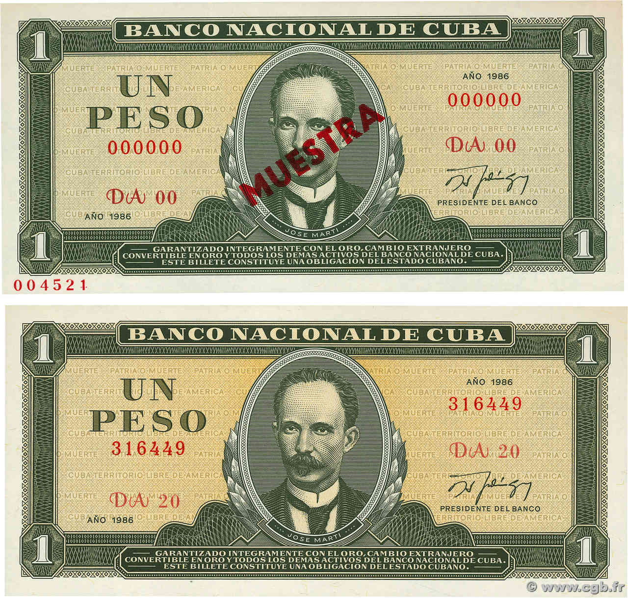 1 Peso Lot CUBA  1986 P.102cs2 et P.102c SC+