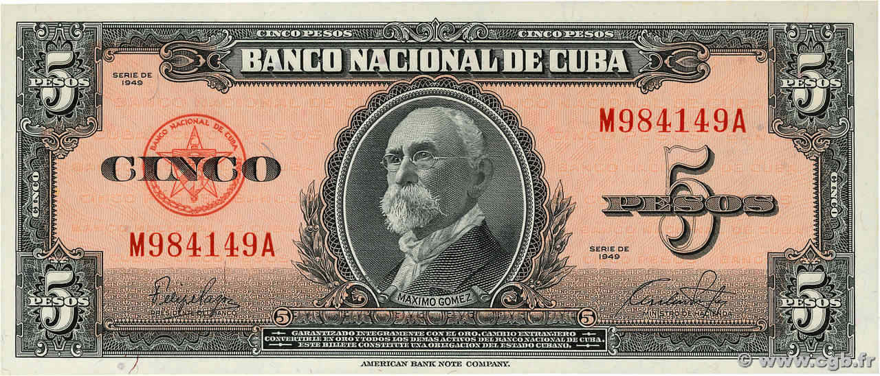 5 Pesos CUBA  1949 P.078b UNC