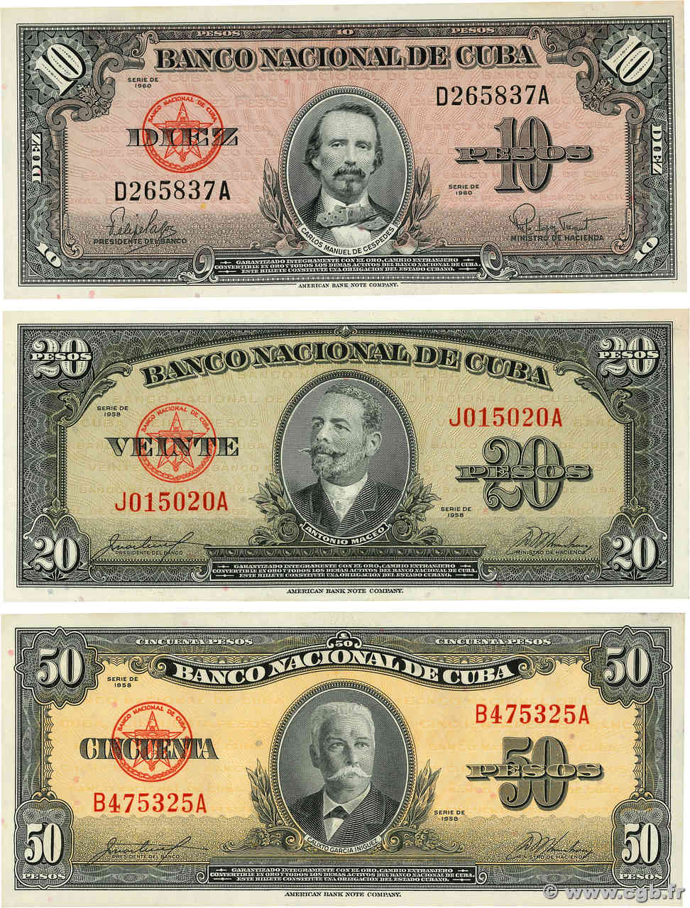 10,20 et 50 Pesos Lot CUBA  1958 P.079b, P.080b et P.081b pr.NEUF