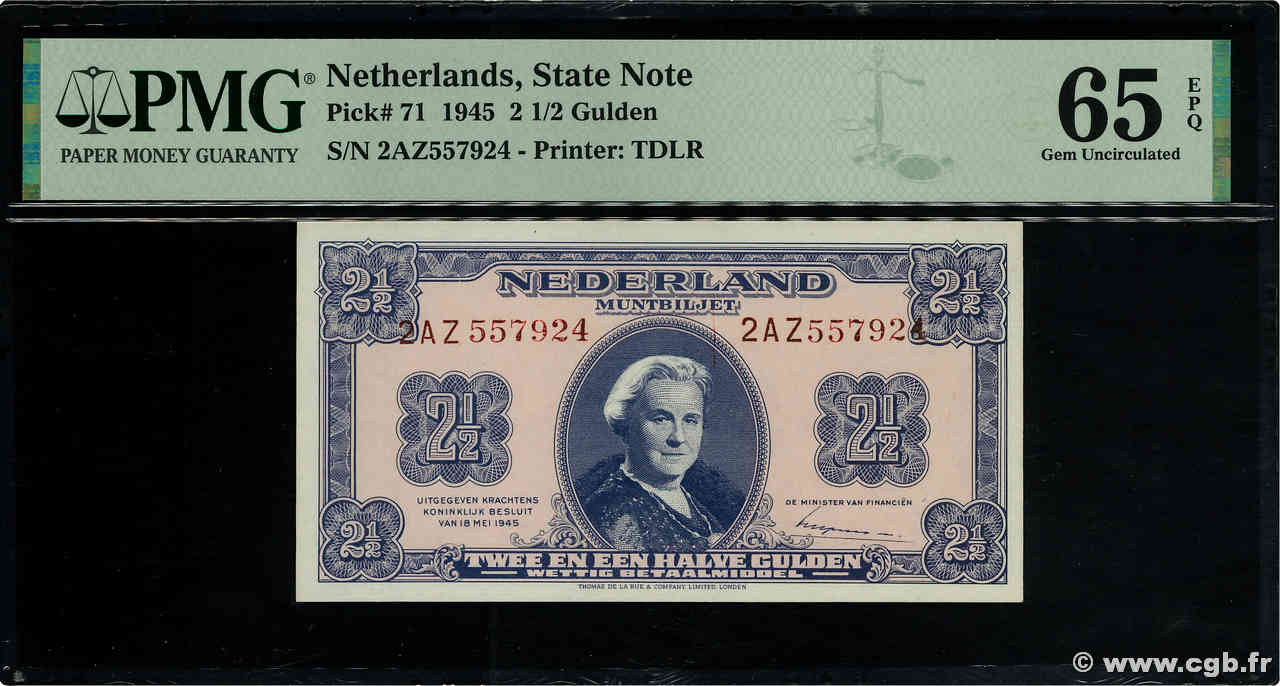 2,5 Gulden NETHERLANDS  1945 P.071 UNC