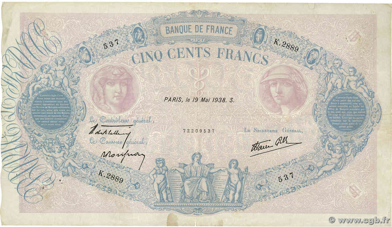 500 Francs BLEU ET ROSE modifié FRANCE  1938 F.31.11 pr.TTB
