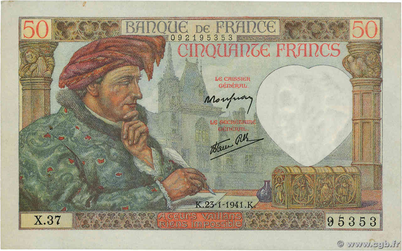 50 Francs JACQUES CŒUR FRANCIA 1941 F.19.05 q.AU