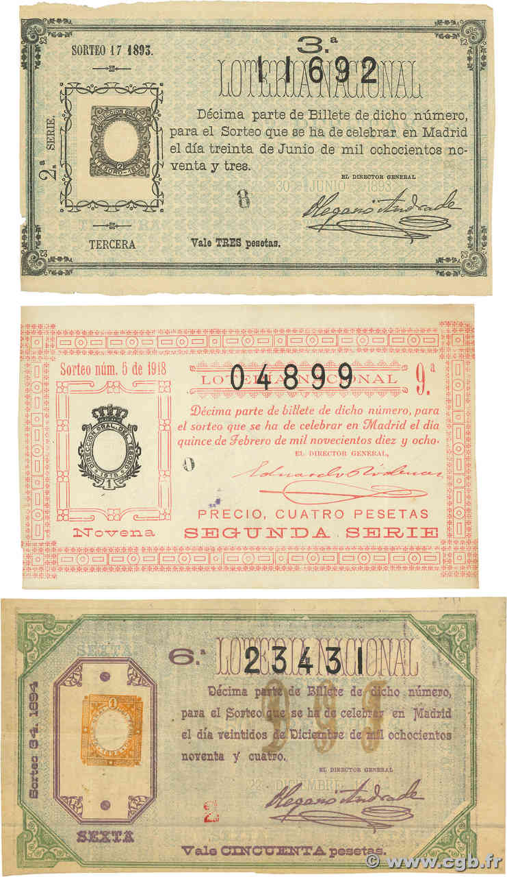 3, 9 et 50 Pesetas Lot SPAIN Madrid 1893 P.- VF