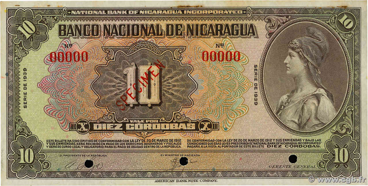 10 Cordobas Spécimen NICARAGUA  1939 P.066s2 AU-