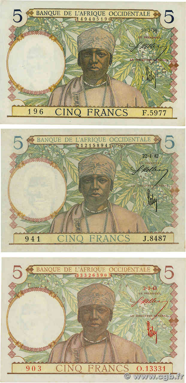 5 Francs Lot FRENCH WEST AFRICA  1938 P.21, P.25 et P.26 SC