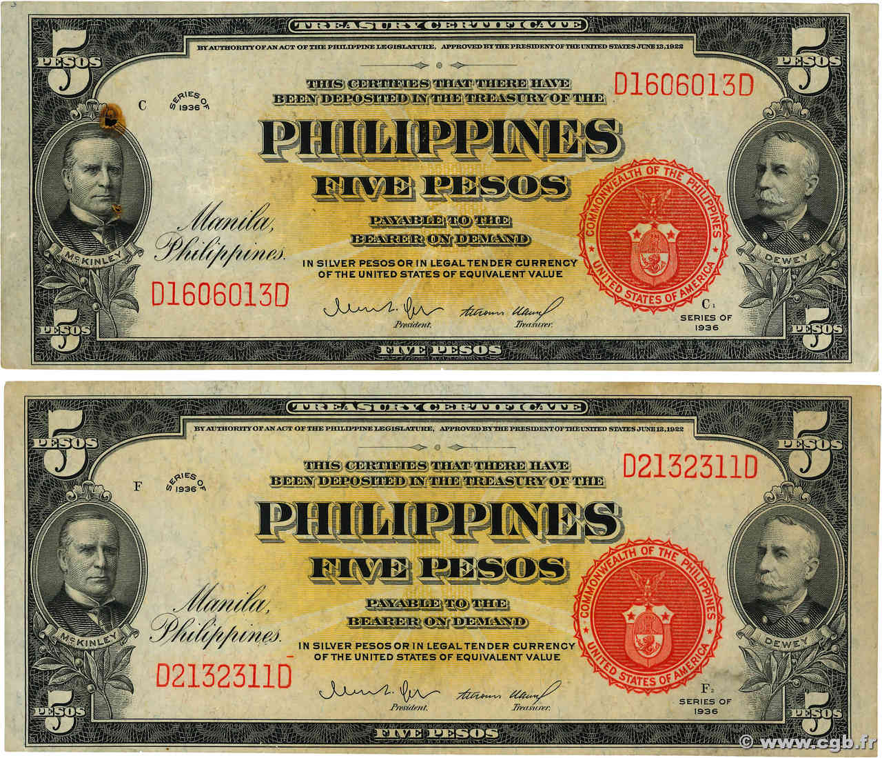5 Pesos Lot FILIPPINE  1936 P.083a BB to SPL