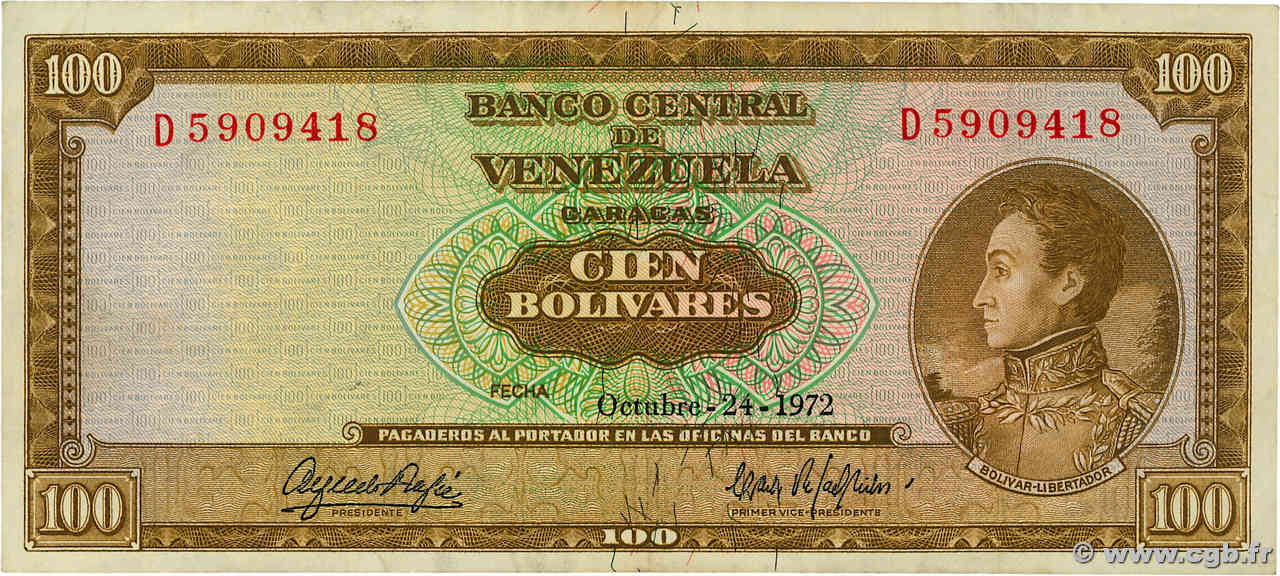 100 Bolivares VENEZUELA  1972 P.048i VF