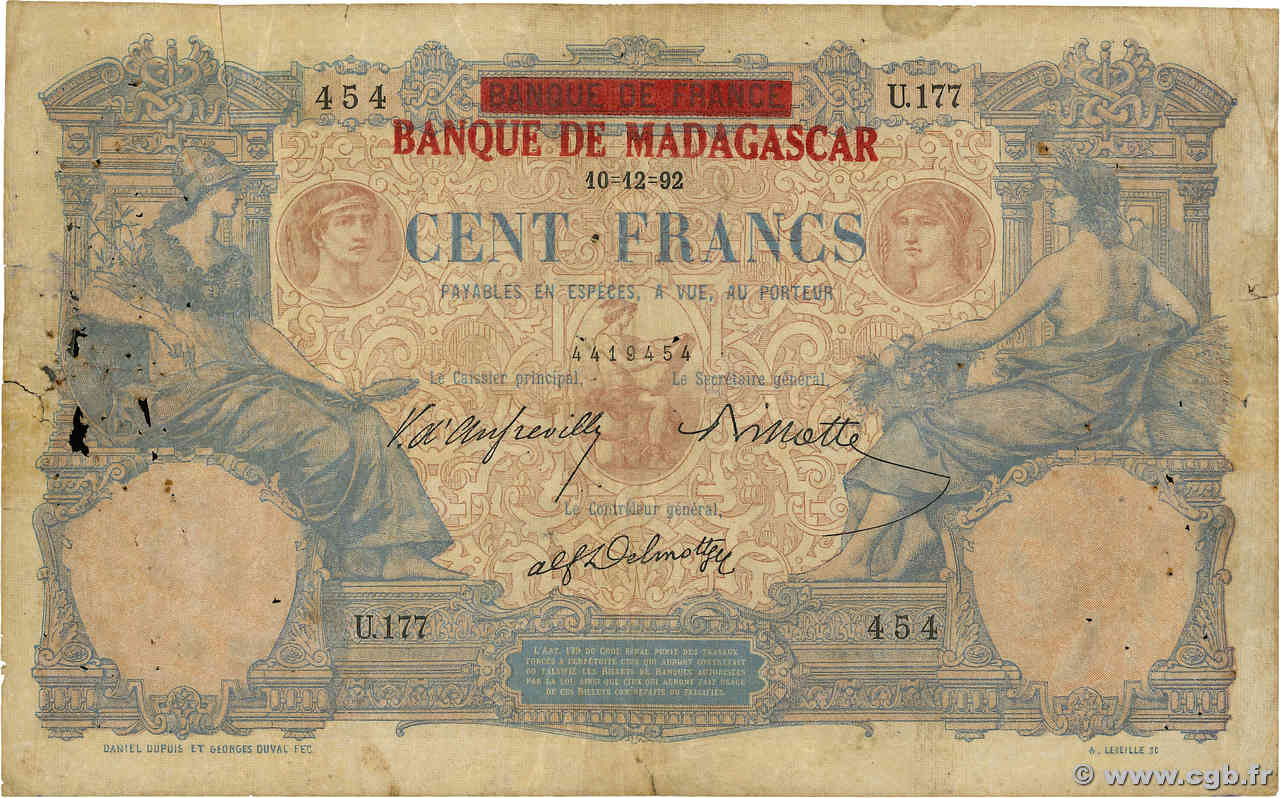 100 Francs MADAGASCAR  1892 P.034 B+
