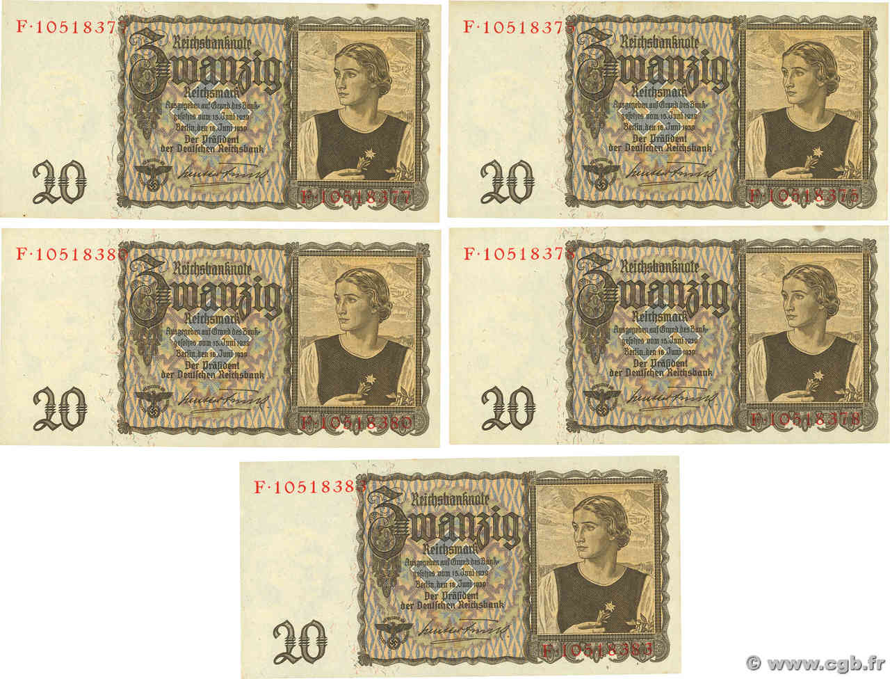 20 Reichsmark Lot GERMANY  1939 P.185 AU