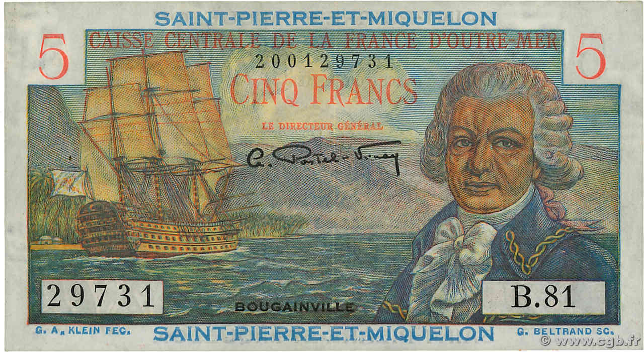 5 Francs Bougainville SAINT-PIERRE UND MIQUELON  1946 P.22 fVZ