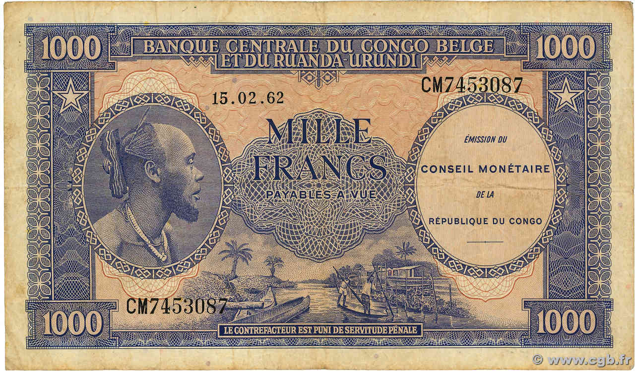 1000 Francs REPUBBLICA DEMOCRATICA DEL CONGO  1962 P.002a MB