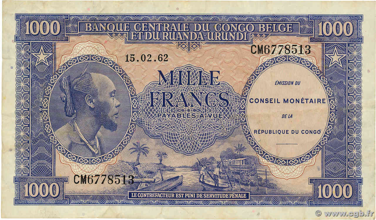 1000 Francs CONGO, DEMOCRATIC REPUBLIC  1962 P.002a VF-