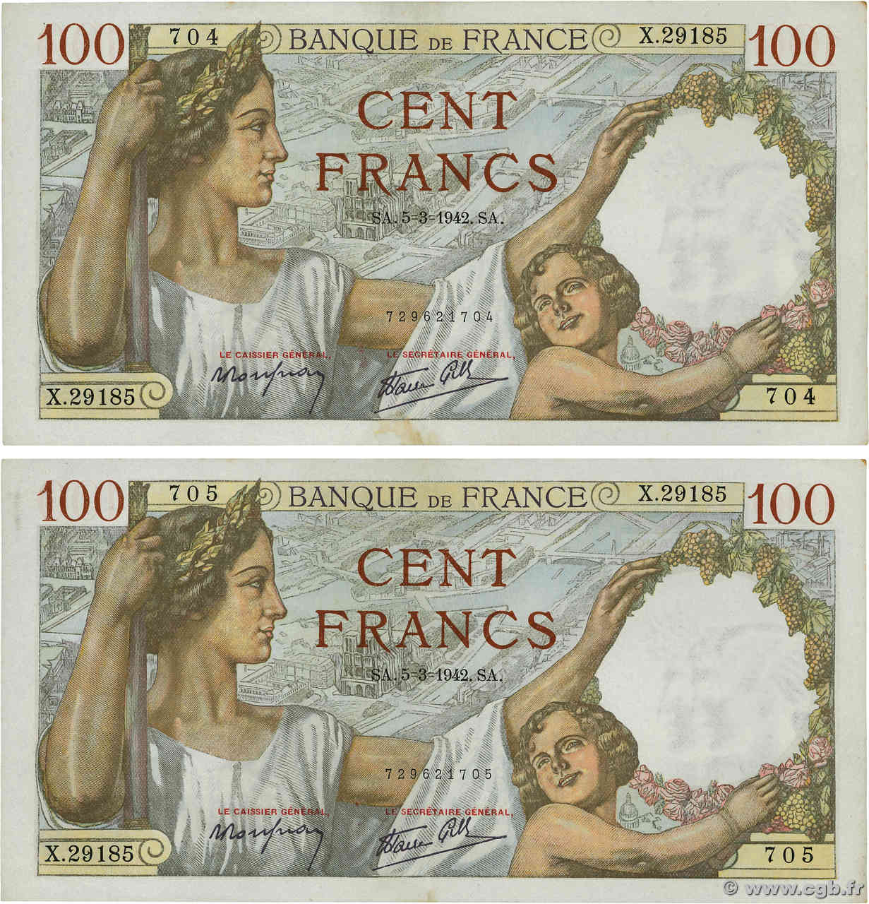 100 Francs SULLY Consécutifs FRANCE  1942 F.26.67 SUP