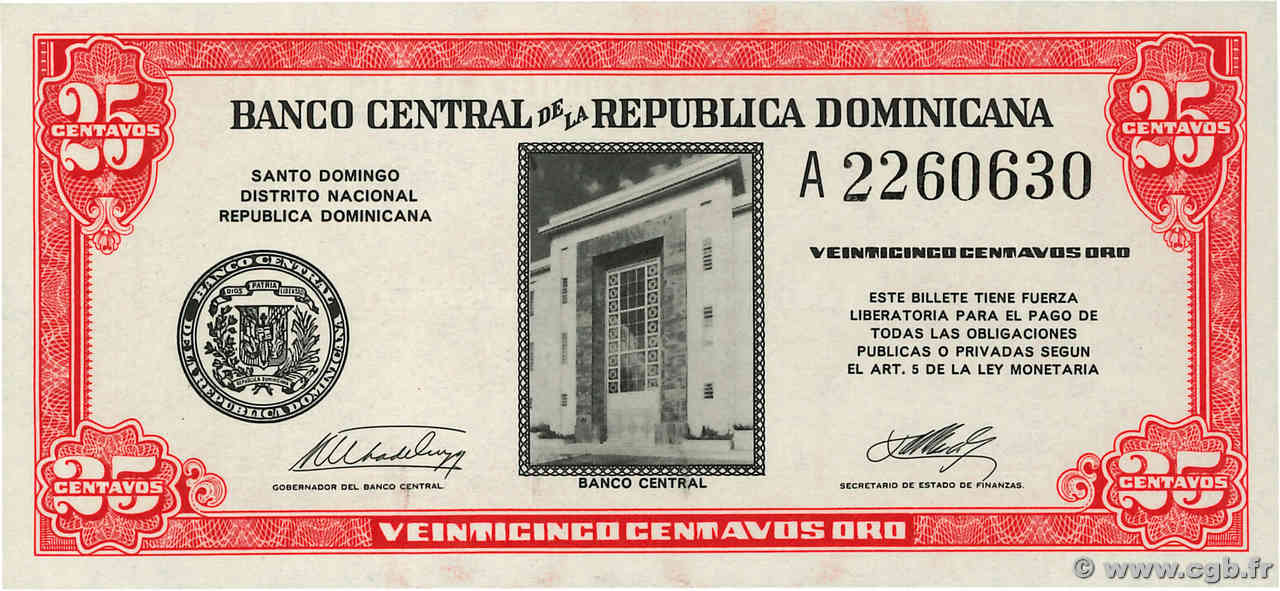25 Centavos Oro RÉPUBLIQUE DOMINICAINE 1961 P.087a NEUF