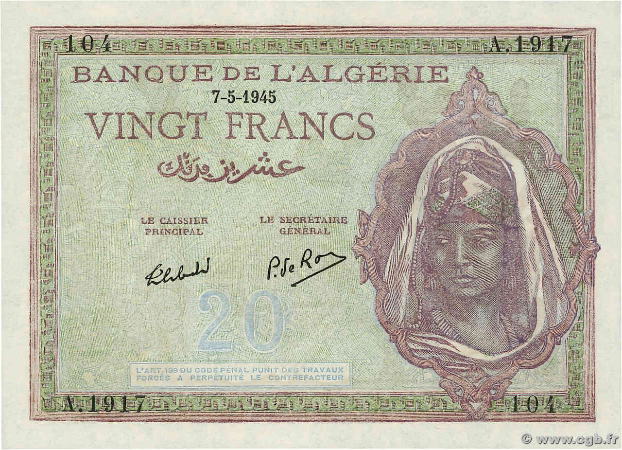 20 Francs ALGERIA  1945 P.092b UNC-