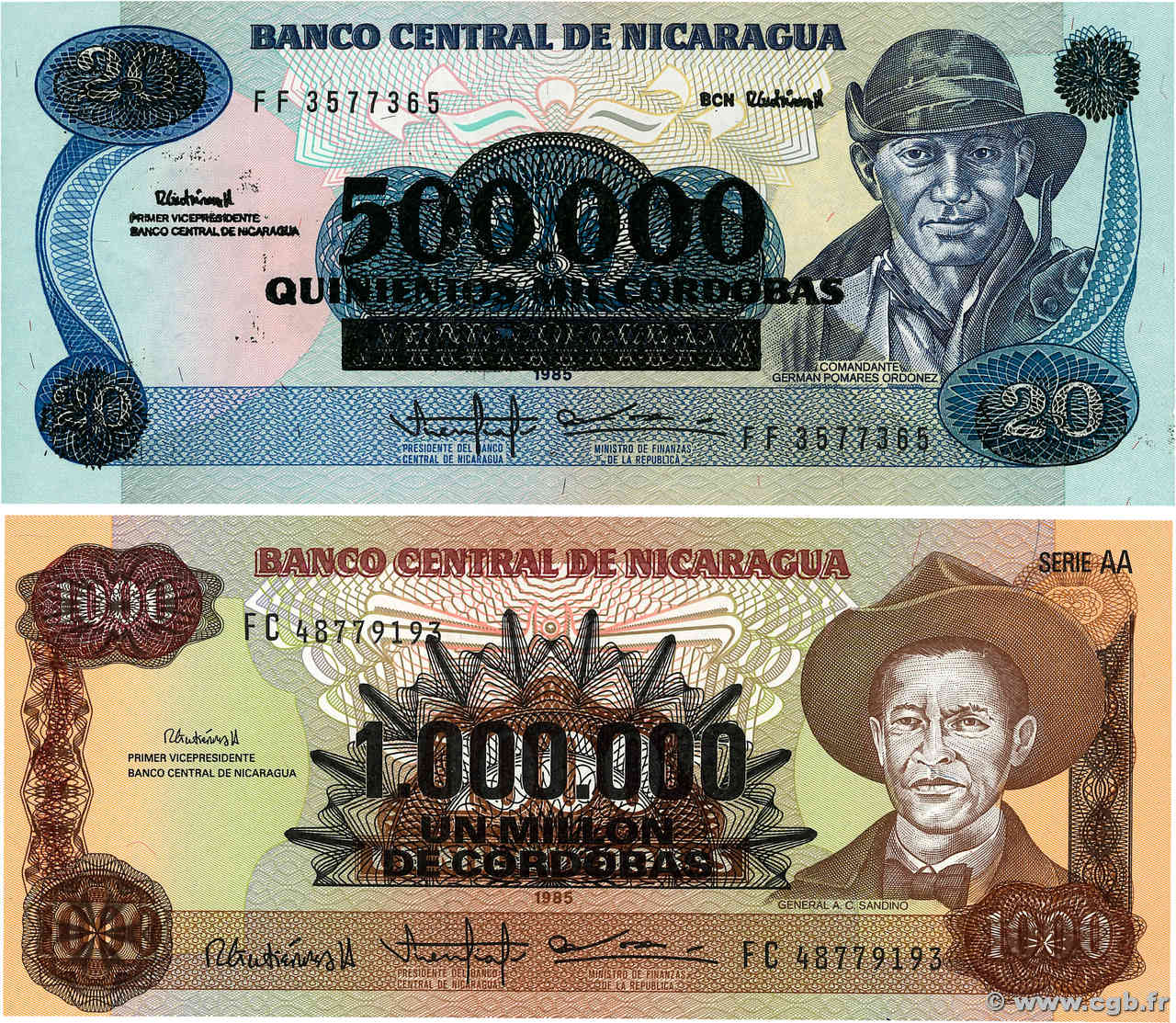500000 sur 20 Cordobas et 1000000 sur 1000 Cordobas Lot NICARAGUA  1990 P.163 et P.164 UNC