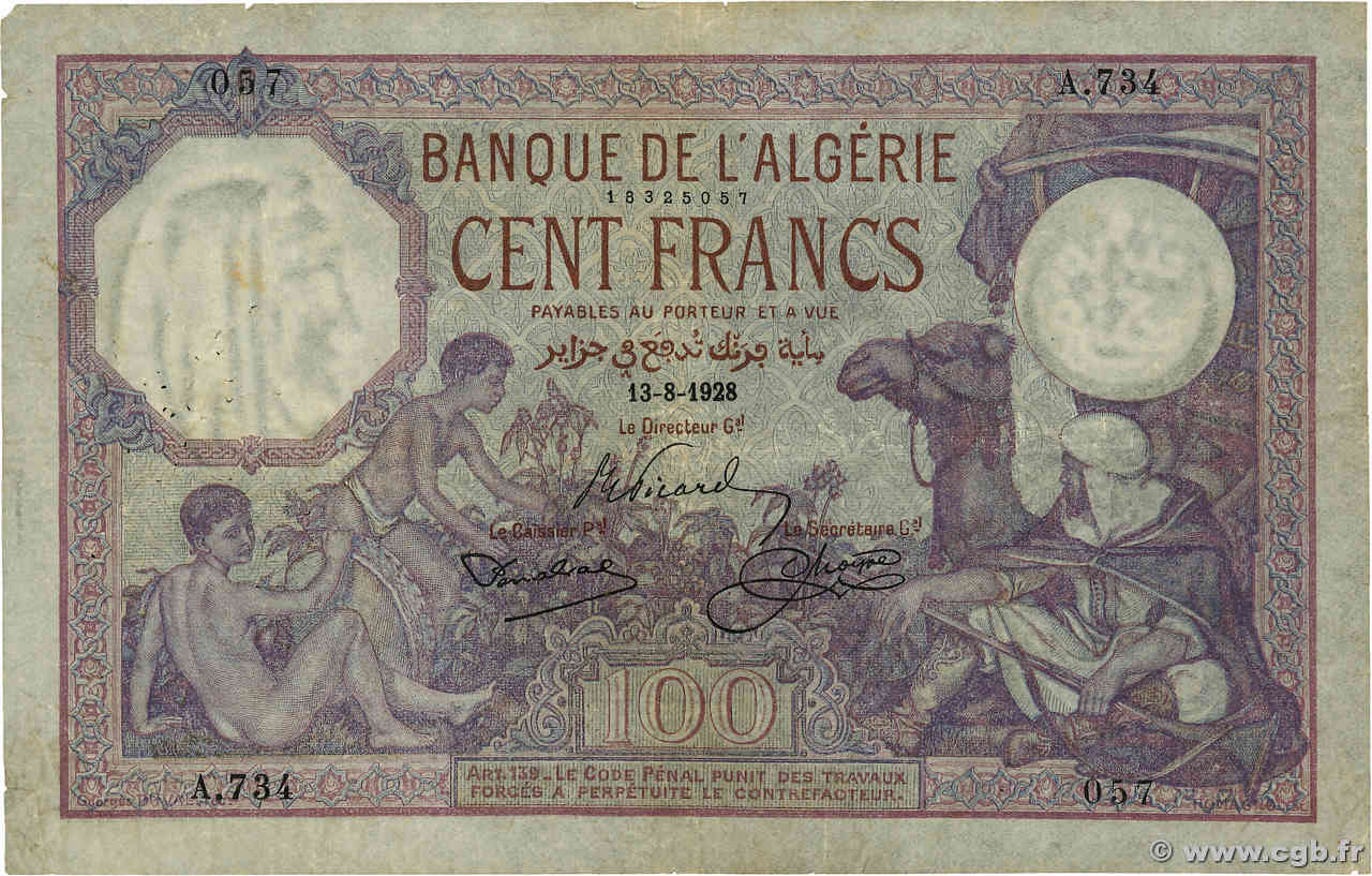 100 Francs ALGÉRIE  1928 P.081b TB